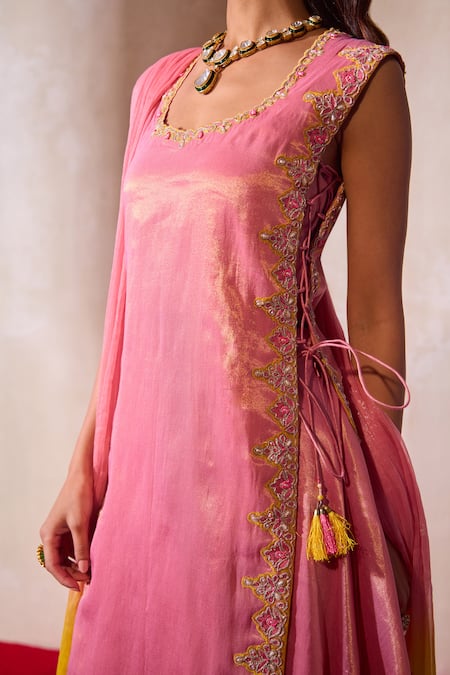 Tarini Vij_Pink Tissue, Chiffon Diamonds, Beads, Farrah Clover Bloom Kurta Palazzo Set _Online_at_Aza_Fashions