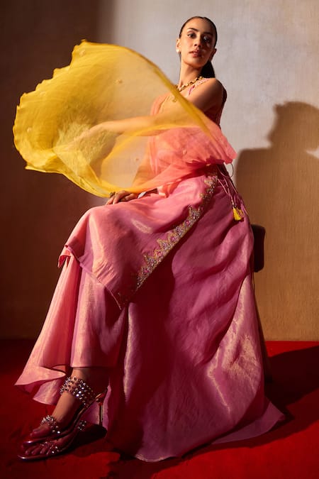 Buy_Tarini Vij_Pink Tissue, Chiffon Diamonds, Beads, Farrah Clover Bloom Kurta Palazzo Set _Online_at_Aza_Fashions