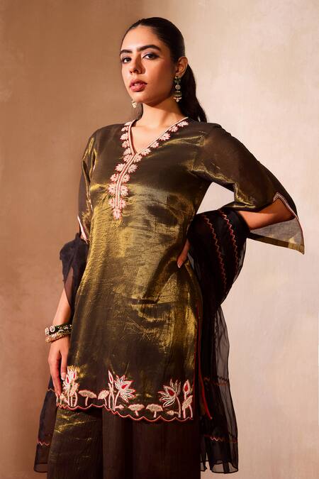 Tarini Vij_Brown Organza, Tissue Cut Work, Pearls, Hina Lotus Bloom Kurta Palazzo Set _Online_at_Aza_Fashions