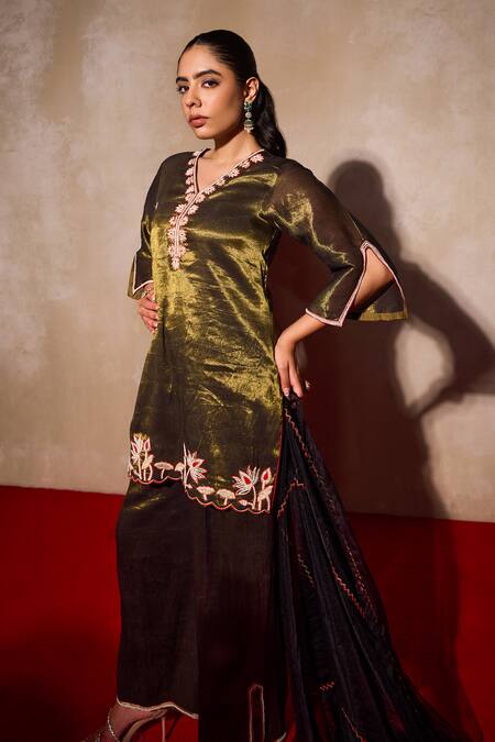 Buy_Tarini Vij_Brown Organza, Tissue Cut Work, Pearls, Hina Lotus Bloom Kurta Palazzo Set _Online_at_Aza_Fashions