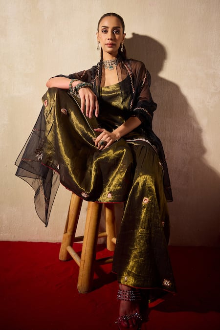 Tarini Vij_Brown Organza, Tissue Cut Work, Pearls, Lisa Padma Bloom Kurta Gharara Set _Online_at_Aza_Fashions