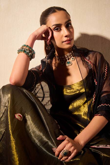 Buy_Tarini Vij_Brown Organza, Tissue Cut Work, Pearls, Lisa Padma Bloom Kurta Gharara Set _Online_at_Aza_Fashions