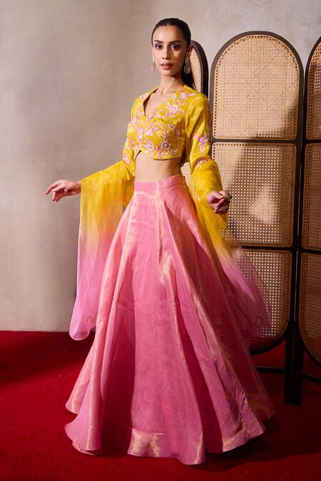 Tarini Vij_Pink Organza, Tissue Pearls, Sequins, Embroidery V-neck Nura Lehenga Set _Online_at_Aza_Fashions