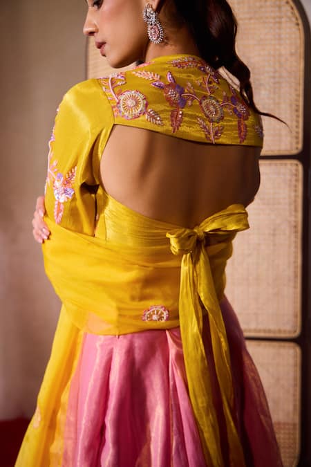 Shop_Tarini Vij_Pink Organza, Tissue Pearls, Sequins, Embroidery V-neck Nura Lehenga Set _at_Aza_Fashions