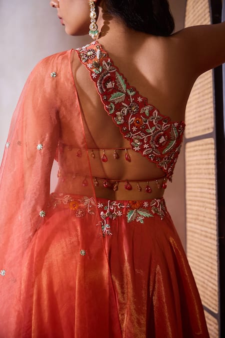 Buy_Tarini Vij_Orange Organza, Tissue Sequins, Rehmat Gardenia Embroidered Blouse With Lehenga _Online_at_Aza_Fashions