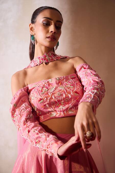 Buy_Tarini Vij_Pink Organza, Tissue Pearls, Sequins, Cut Rohina Gullista Blouse And Lehenga Set _Online_at_Aza_Fashions