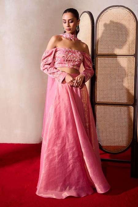 Tarini Vij Pink Tissue Embroidery Pearl Off Shoulder Rohina Gullista Blouse And Lehenga Set 