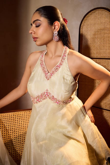 Shop_Tarini Vij_White Organza, Tissue Pearls, Saba Striped Phool Embroidered Kurta Sharara Set _Online_at_Aza_Fashions