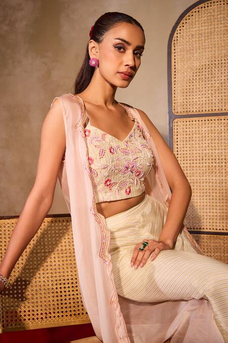 Tarini Vij_White Organza, Tissue Sheeba Scallop Bloom Embroidered Cape Jacket And Palazzo Set _Online_at_Aza_Fashions