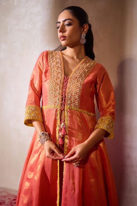 Tarini Vij_Orange Tissue Cut Work, Pearls, Ziya Floral Jaal Anarkali Jacket And Palazzo Set _Online_at_Aza_Fashions