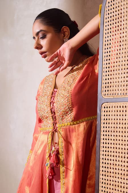 Buy_Tarini Vij_Orange Tissue Cut Work, Pearls, Ziya Floral Jaal Anarkali Jacket And Palazzo Set _Online_at_Aza_Fashions
