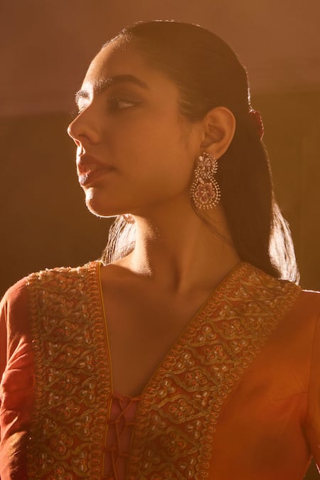 Shop_Tarini Vij_Orange Tissue Cut Work, Pearls, Ziya Floral Jaal Anarkali Jacket And Palazzo Set _Online_at_Aza_Fashions