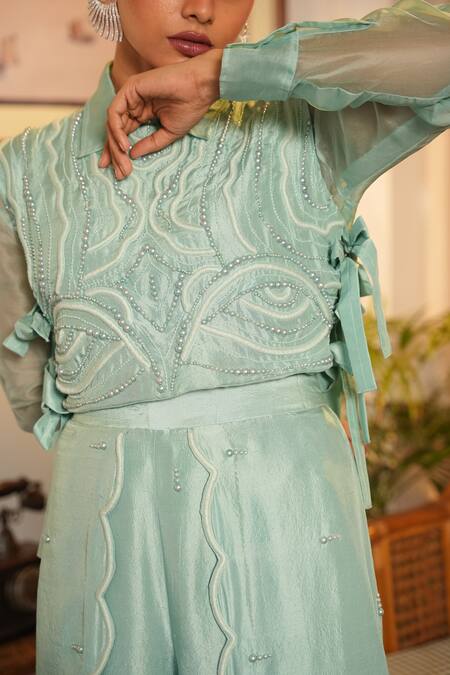 Midushi Bajoria_Blue Organza, Silk Pearls, Embroidery Collared Hand Bib With Pant Set _Online_at_Aza_Fashions