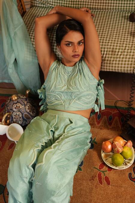 Shop_Midushi Bajoria_Blue Organza, Silk Pearls, Embroidery Collared Hand Bib With Pant Set _Online_at_Aza_Fashions
