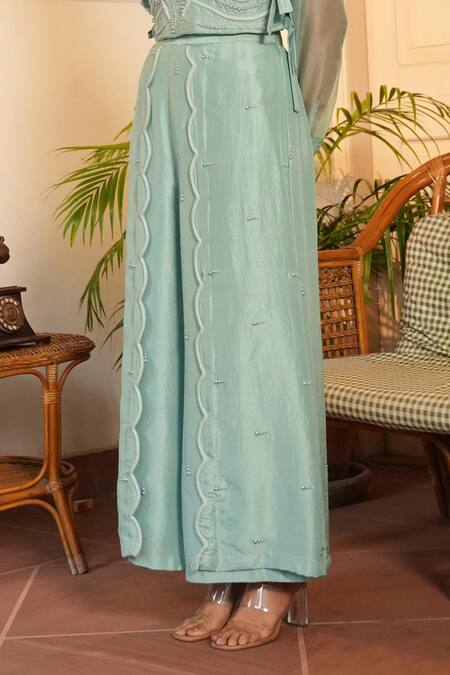 Buy Midushi Bajoria Blue Organza, Silk Pearls, Embroidery Collared Hand Bib With Pant Set Buy_Midushi Bajoria_Blue Organza, Silk Pearls, Embroidery Collared Hand Bib With Pant Set