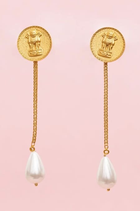 MAALICIOUS JEWELRY Gold Plated Pearls India Metal Coin Carved Earrings 