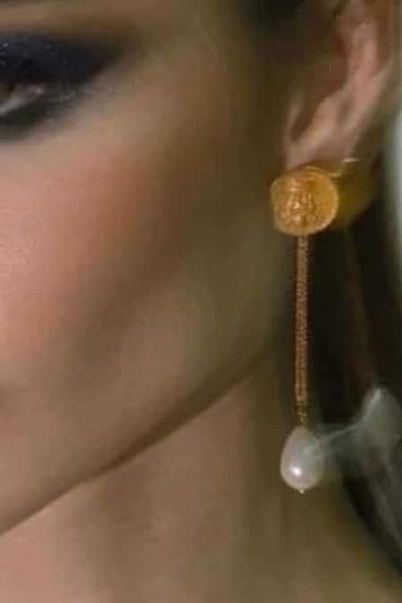 Shop MAALICIOUS JEWELRY Gold Plated Pearls India Metal Coin Carved Earrings at Aza Fashions Shop_MAALICIOUS JEWELRY_Gold Plated Pearls India Metal Coin Carved Earrings _at_Aza_Fashions