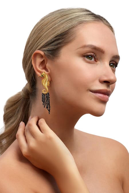 MAALICIOUS JEWELRY Gold Plated Beads Seahorse Tassel Earrings 