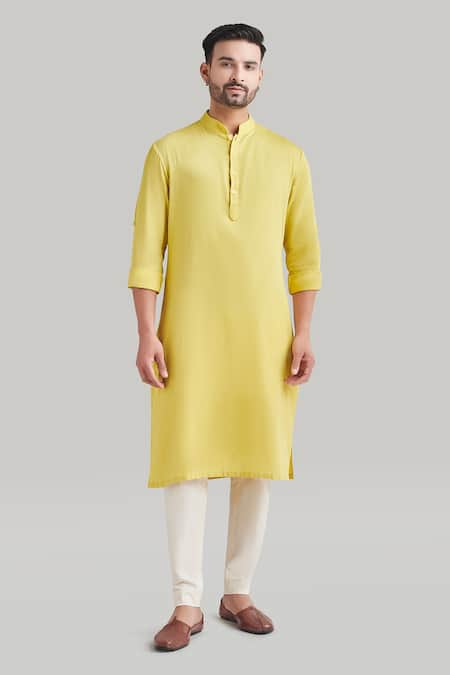 Blue Lotus Design Yellow Cotton Plain Buttoned Placket Kurta And Pant Set 