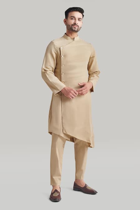 Blue Lotus Design Beige Cotton Asymmetric Kurta And Pant Set 