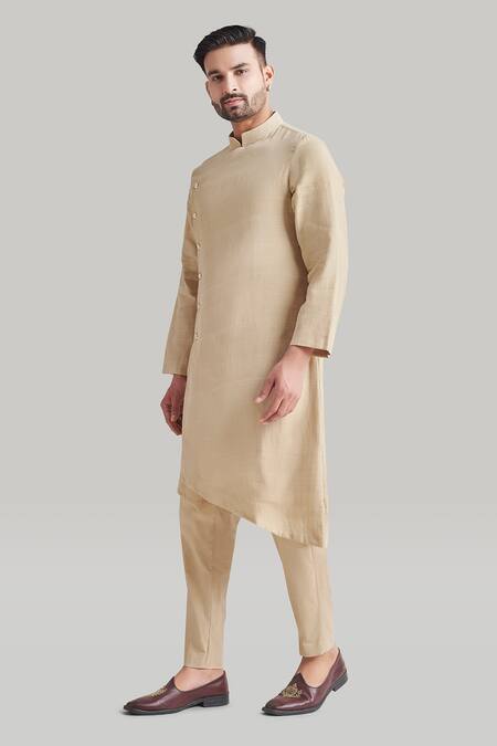 Buy_Blue Lotus Design_Beige Cotton Asymmetric Kurta And Pant Set _Online_at_Aza_Fashions