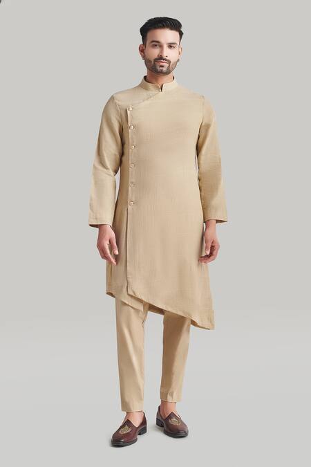 Shop_Blue Lotus Design_Beige Cotton Asymmetric Kurta And Pant Set _Online_at_Aza_Fashions