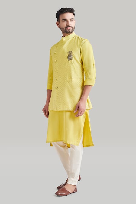 Shop Blue Lotus Design Yellow Cotton, Silk Embroidery Asymmetric Bundi Set Online at Aza Fashions Shop_Blue Lotus Design_Yellow Cotton, Silk Embroidery Asymmetric Bundi Set _Online_at_Aza_Fashions