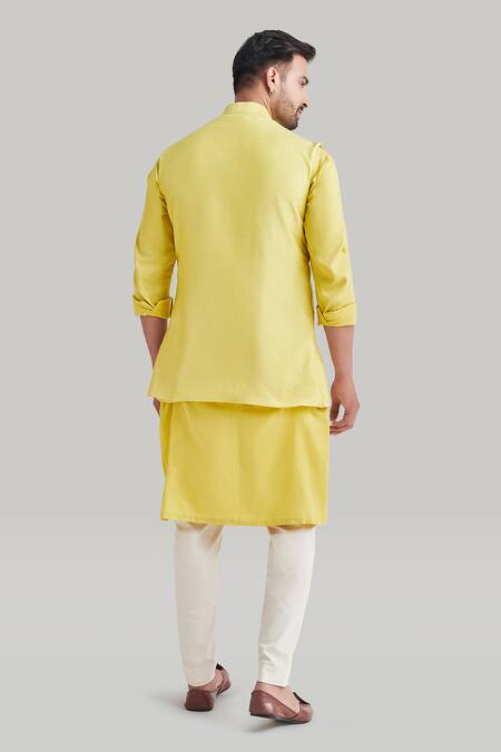 Shop Blue Lotus Design Yellow Cotton Embroidery Asymmetric Thread Bundi at Aza Fashions Shop_Blue Lotus Design_Yellow Cotton Embroidery Asymmetric Thread Bundi _at_Aza_Fashions