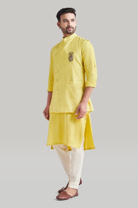 Buy Blue Lotus Design Yellow Cotton Embroidery Asymmetric Thread Bundi Online at Aza Fashions Buy_Blue Lotus Design_Yellow Cotton Embroidery Asymmetric Thread Bundi _Online_at_Aza_Fashions