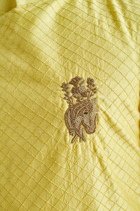 Shop Blue Lotus Design Yellow Cotton Embroidery Asymmetric Thread Bundi Online at Aza Fashions Shop_Blue Lotus Design_Yellow Cotton Embroidery Asymmetric Thread Bundi _Online_at_Aza_Fashions