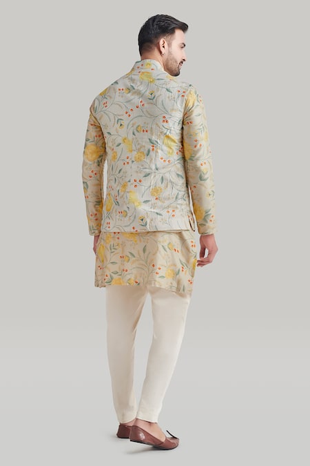 Shop Blue Lotus Design Ivory Cotton, Silk Embroidery Floral Print Bundi Kurta Set at Aza Fashions Shop_Blue Lotus Design_Ivory Cotton, Silk Embroidery Floral Print Bundi Kurta Set _at_Aza_Fashions