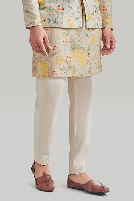 Blue Lotus Design Ivory Cotton, Silk Embroidery Floral Print Bundi Kurta Set Online at Aza Fashions Blue Lotus Design_Ivory Cotton, Silk Embroidery Floral Print Bundi Kurta Set _Online_at_Aza_Fashions