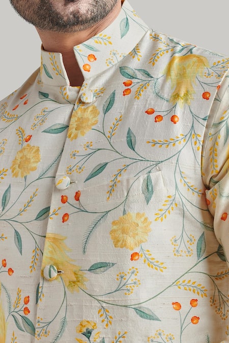 Buy Blue Lotus Design Ivory Cotton, Silk Embroidery Floral Print Bundi Kurta Set Online at Aza Fashions Buy_Blue Lotus Design_Ivory Cotton, Silk Embroidery Floral Print Bundi Kurta Set _Online_at_Aza_Fashions