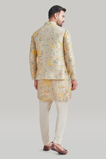 Shop Blue Lotus Design Ivory Cotton, Silk Embroidery Floral Print Bundi Kurta Set Online at Aza Fashions Shop_Blue Lotus Design_Ivory Cotton, Silk Embroidery Floral Print Bundi Kurta Set _Online_at_Aza_Fashions