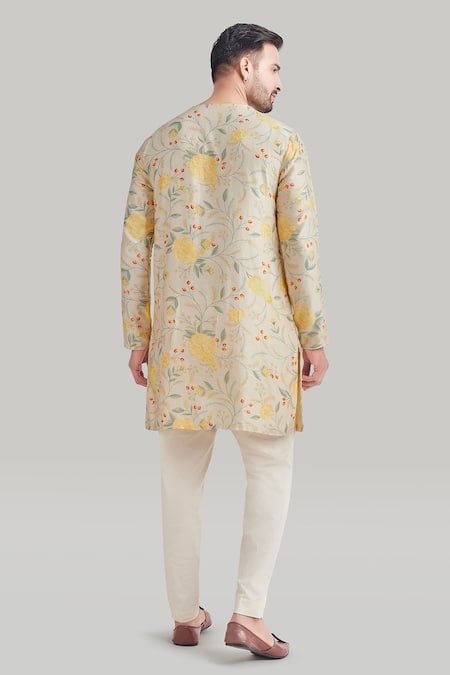 Shop Blue Lotus Design Ivory Cotton, Silk, Lycra Floral Print Kurta And Pant Set at Aza Fashions Shop_Blue Lotus Design_Ivory Cotton, Silk, Lycra Floral Print Kurta And Pant Set _at_Aza_Fashions