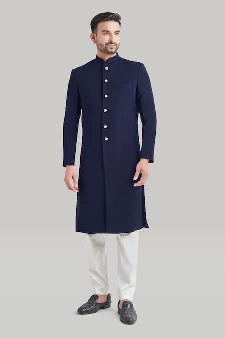 Blue Lotus Design Buttoned Sherwani & Pant Set 