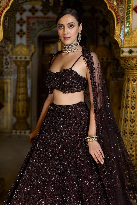 Seema Gujral_Purple Net Tassels, Crystals Sweetheart Neck Tonal Embroidered Lehenga Set _Online_at_Aza_Fashions