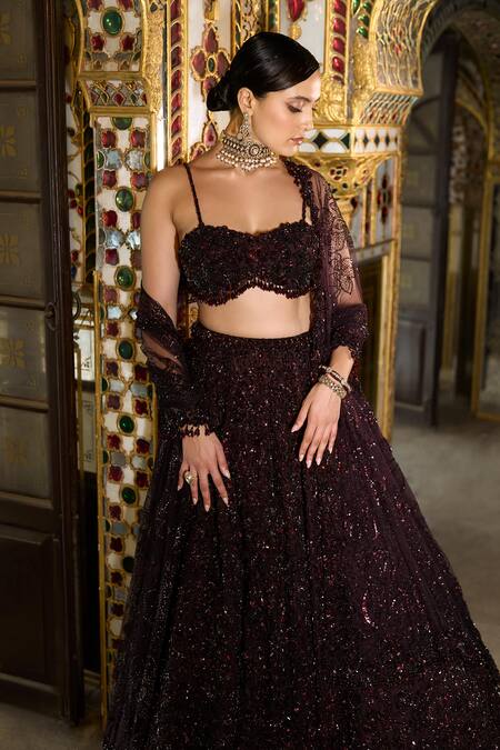 Buy_Seema Gujral_Purple Net Tassels, Crystals Sweetheart Neck Tonal Embroidered Lehenga Set _Online_at_Aza_Fashions