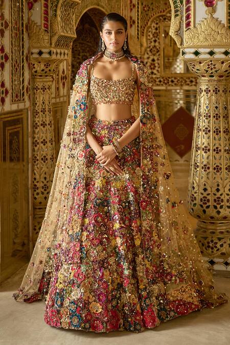 Seema Gujral_Multi Color Net Crystals, Sequins, Beads, 3d Floral Bridal Lehenga Set _Online_at_Aza_Fashions