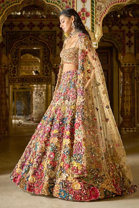 Buy_Seema Gujral_Multi Color Net Crystals, Sequins, Beads, 3d Floral Bridal Lehenga Set _Online_at_Aza_Fashions