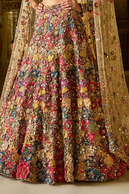 Shop_Seema Gujral_Multi Color Net Crystals, Sequins, Beads, 3d Floral Bridal Lehenga Set _Online_at_Aza_Fashions
