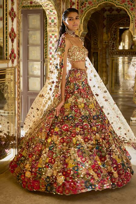 Seema Gujral_Multi Color Net Crystals, Sequins, Beads, 3d Floral Bridal Lehenga Set _at_Aza_Fashions