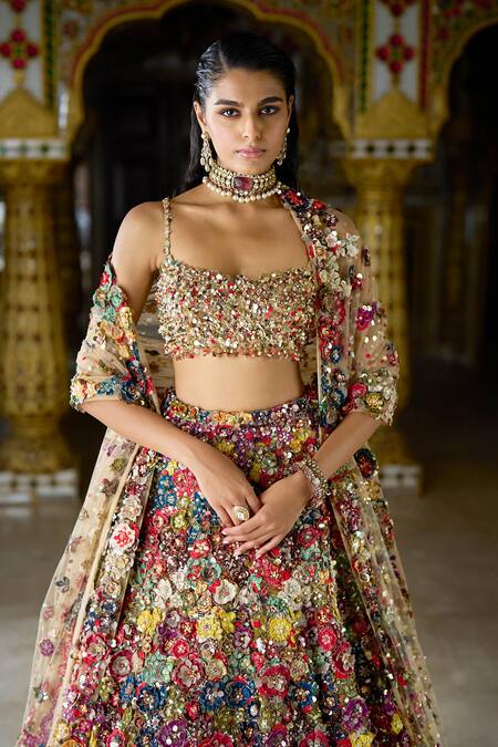 Buy_Seema Gujral_Multi Color Net Crystals, Sequins, Beads, 3d Floral Bridal Lehenga Set 