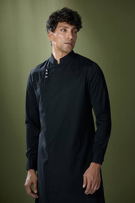 Adorn His By Tushi And Vaibhav_Black Plain Asymmetric Achkan With Pant_Online_at_Aza_Fashions