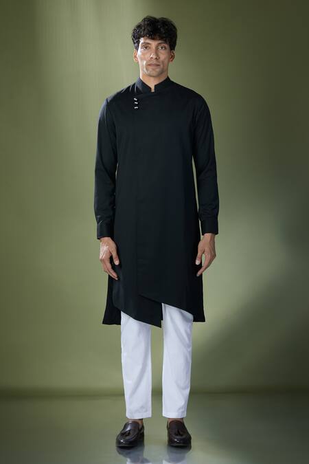Buy_Adorn His By Tushi And Vaibhav_Black Plain Asymmetric Achkan With Pant_Online_at_Aza_Fashions