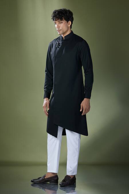 Shop_Adorn His By Tushi And Vaibhav_Black Plain Asymmetric Achkan With Pant_Online_at_Aza_Fashions