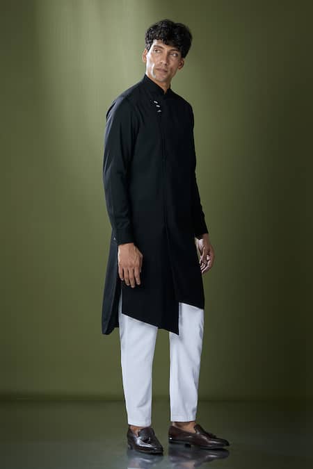 Adorn His By Tushi And Vaibhav_Black Plain Asymmetric Achkan With Pant_at_Aza_Fashions