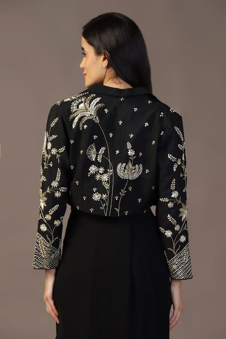 Two Sisters By Gyans_Black Georgette, Silk Cut Work, Sequins, Tropical Embroidered Jacket Skirt Set _Online_at_Aza_Fashions