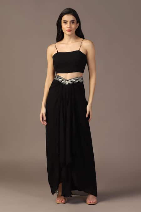 Shop_Two Sisters By Gyans_Black Georgette, Silk Cut Work, Sequins, Tropical Embroidered Jacket Skirt Set _Online_at_Aza_Fashions