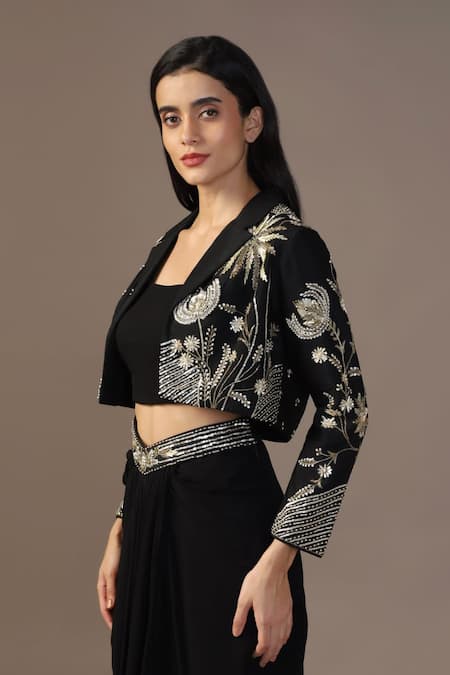 Two Sisters By Gyans_Black Georgette, Silk Cut Work, Sequins, Tropical Embroidered Jacket Skirt Set _at_Aza_Fashions